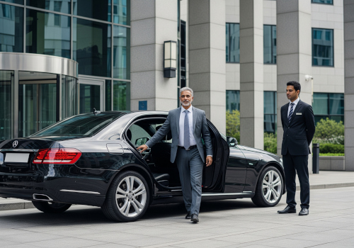 Executive arriving at a meeting in an Autolux Business vehicle